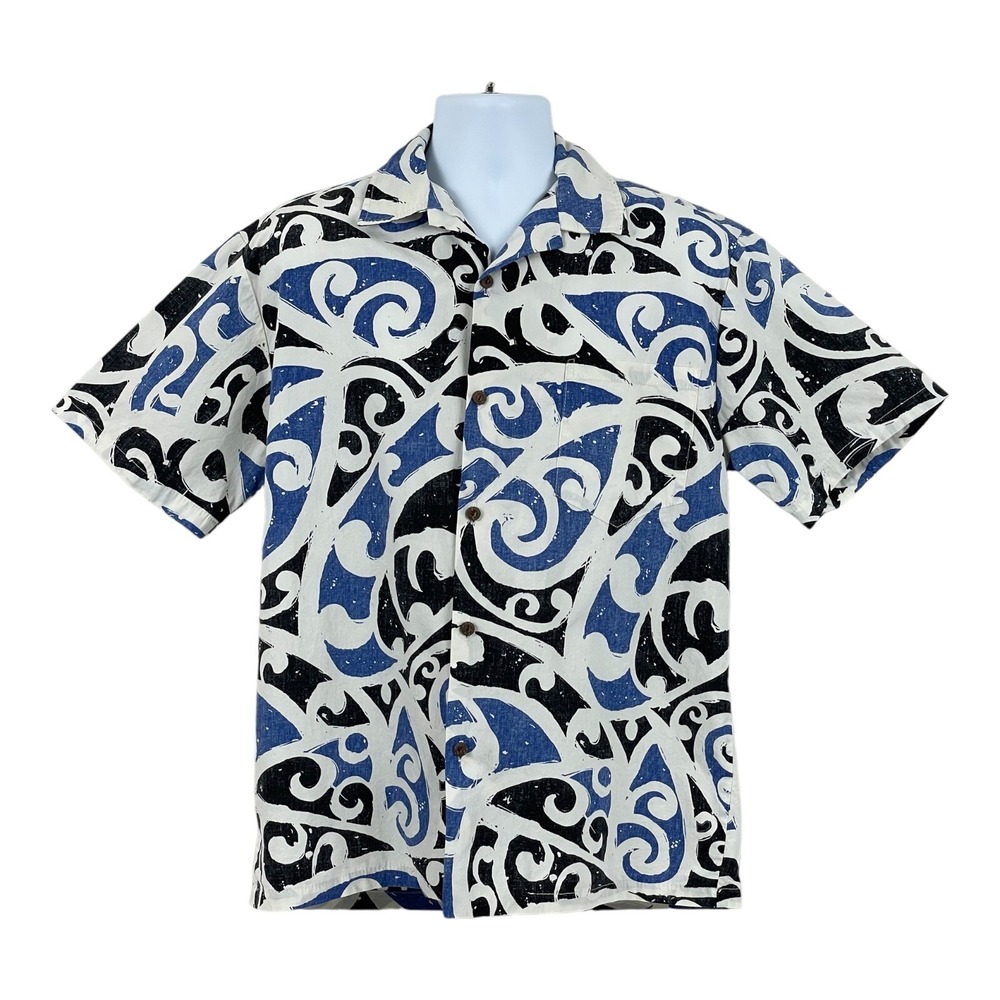 VTG‎ Y Not Hawaiian Shirt Mens L Blue Tribal Polynesian Aloha USA Made Cotton